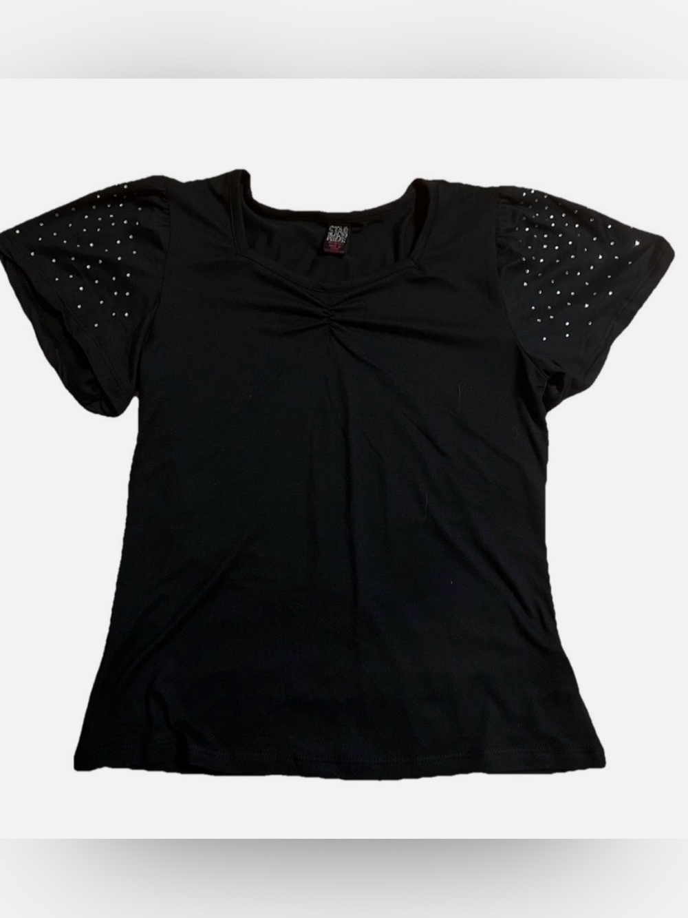 Star Ride Black Short Sleeve Tee with Rhinestone-Studded Puff Sleeves